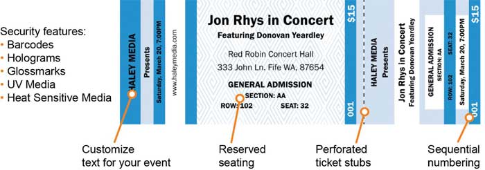 Ticket features Event ticket with text customization, perforation and sequential numbering