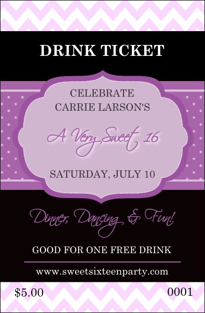 Sweet Sixteen Purple Chevron Drink Ticket Product Front